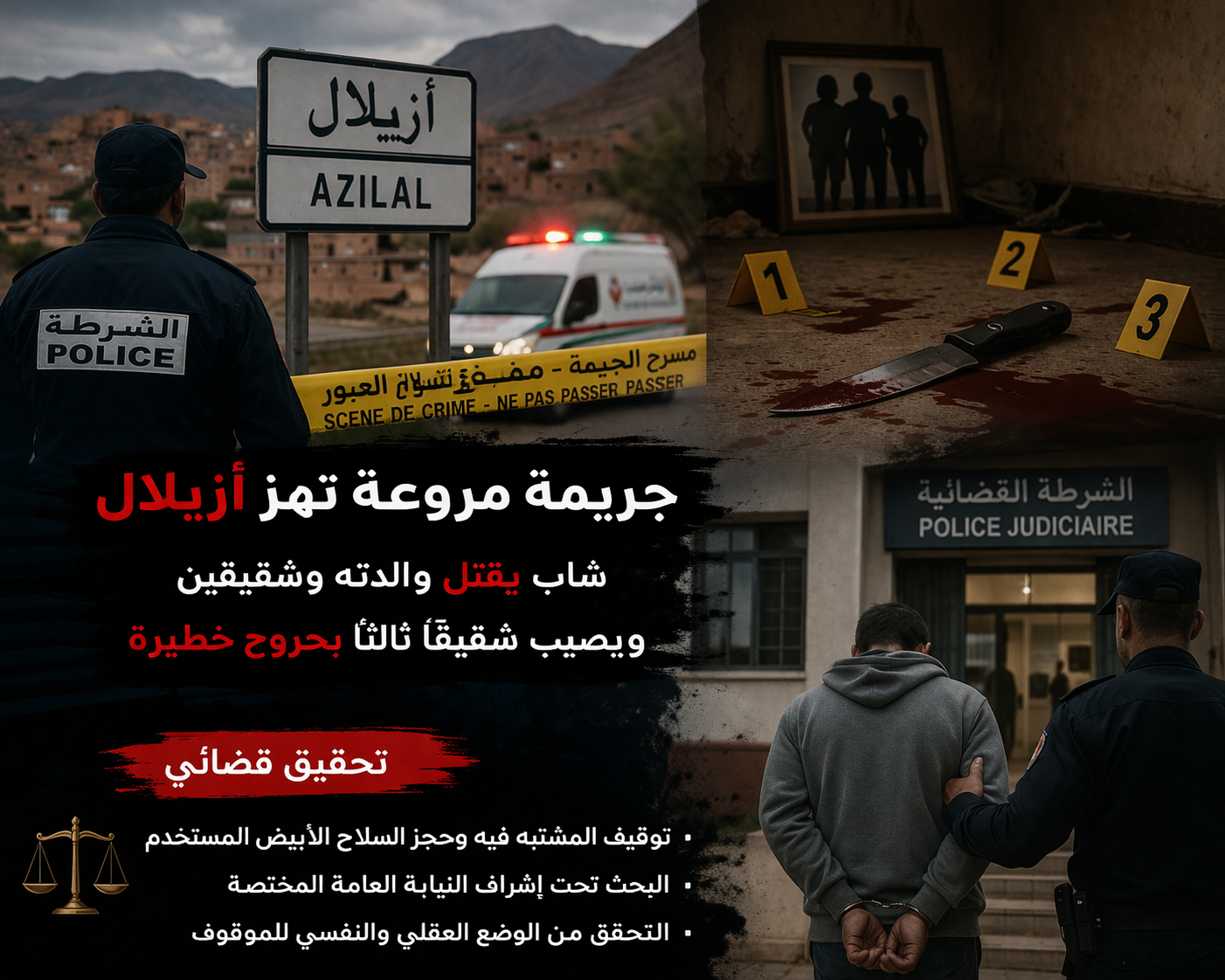 جريمة مروعة تهز مدينة أزيلال.. شاب يقتل والدته وشقيقين ويصيب آخر بجروح خطيرة